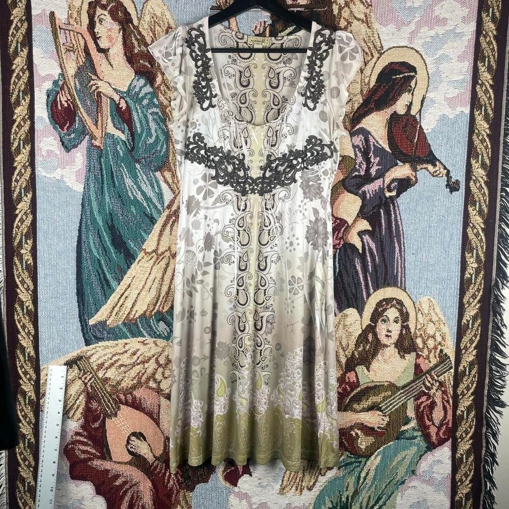 Y2K Summer Floral Dress OneWorld Women’s White Green Sz S Detailed Medium Length